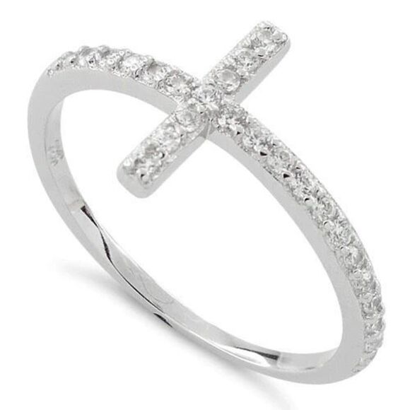 New Sterling Silver Cross Clear CZ Ring - Picture 1 of 4